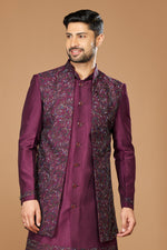 Wine Color Designer Embroidered Nehru Jacket Set For Men