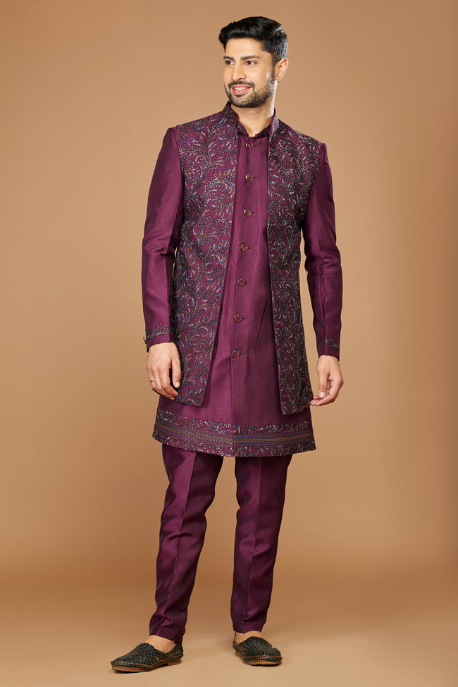 Wine Color Designer Embroidered Nehru Jacket Set For Men