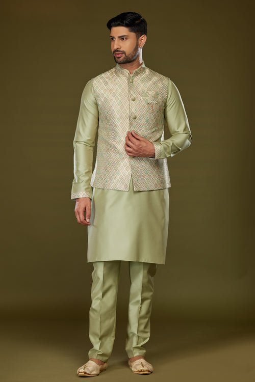 Light Green Readymade Fancy Thread Work Nehru Jacket Set For Men