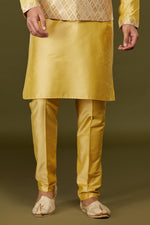 Lemon Yellow Readymade Fancy Thread Work Nehru Jacket Set For Men