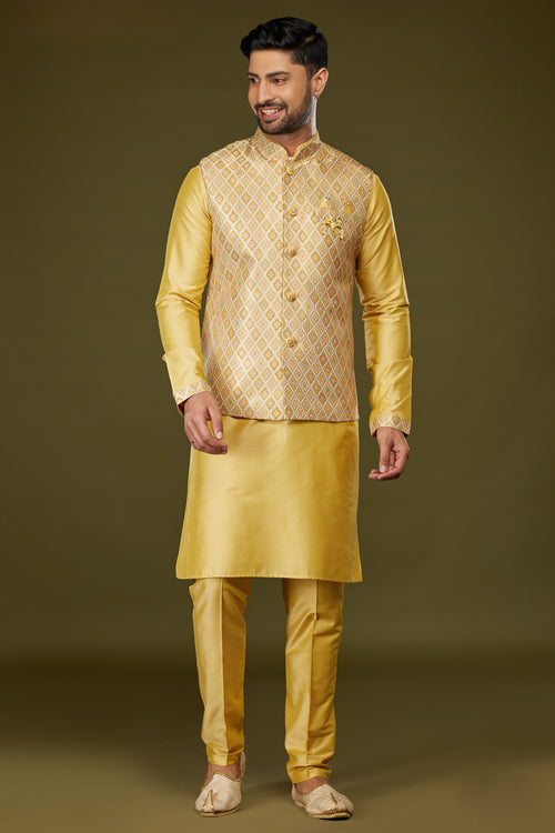 Lemon Yellow Readymade Fancy Thread Work Nehru Jacket Set For Men