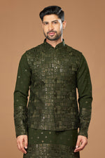 Mehndi Green Readymade Art Silk Thread Embroidered Nehru Jacket For Men