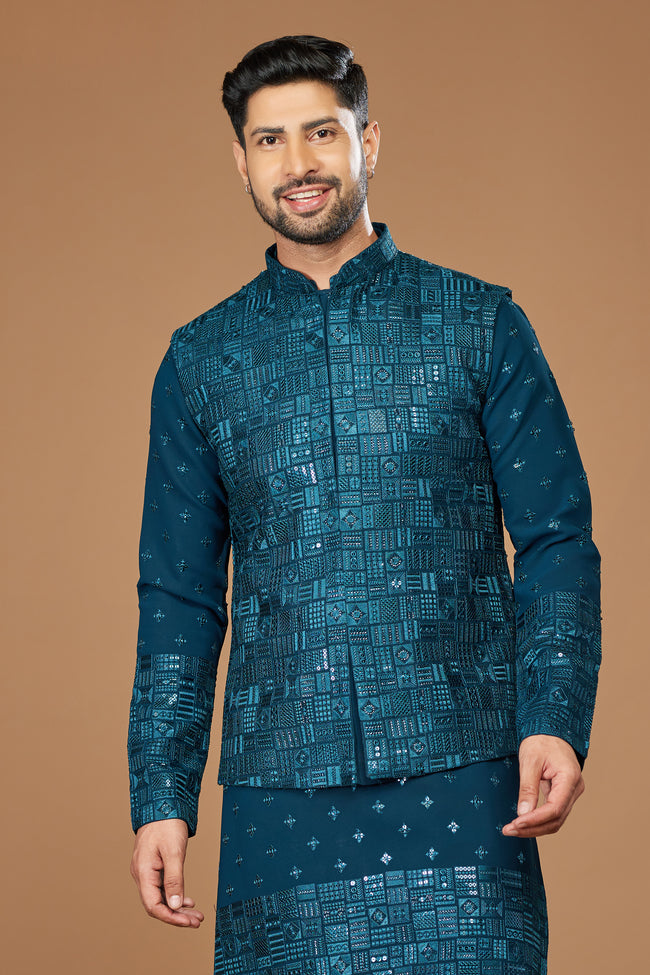 Teal Blue Readymade Art Silk Thread Embroidered Nehru Jacket For Men