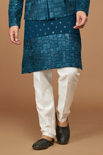 Teal Blue Readymade Art Silk Thread Embroidered Nehru Jacket For Men