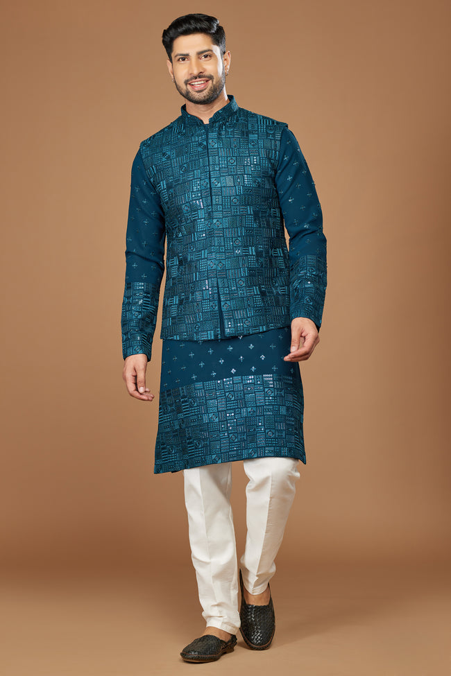 Teal Blue Readymade Art Silk Thread Embroidered Nehru Jacket For Men