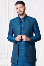 Cobalt Blue Jacket Kurta Set In Silk Blend With Threadwork for Men