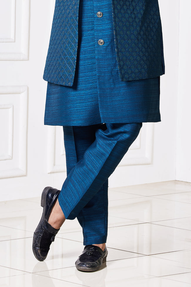 Cobalt Blue Jacket Kurta Set In Silk Blend With Threadwork for Men