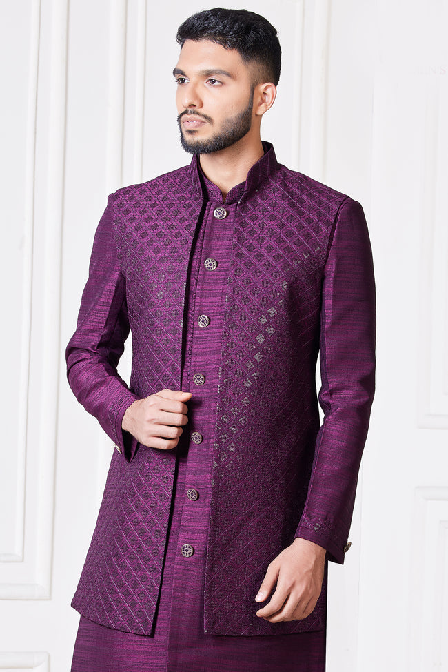 Damson Purple Jacket Kurta Set In Silk Blend With Threadwork for Men