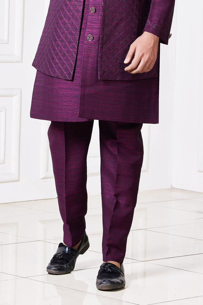 Damson Purple Jacket Kurta Set In Silk Blend With Threadwork for Men