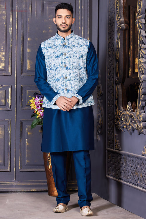 Sapphire Blue With White Printed Silk Bandi Jacket Set For Men