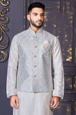 Warm Grey Jacket Kurta Set In Art Silk With Resham And Thread Embroidery For Men