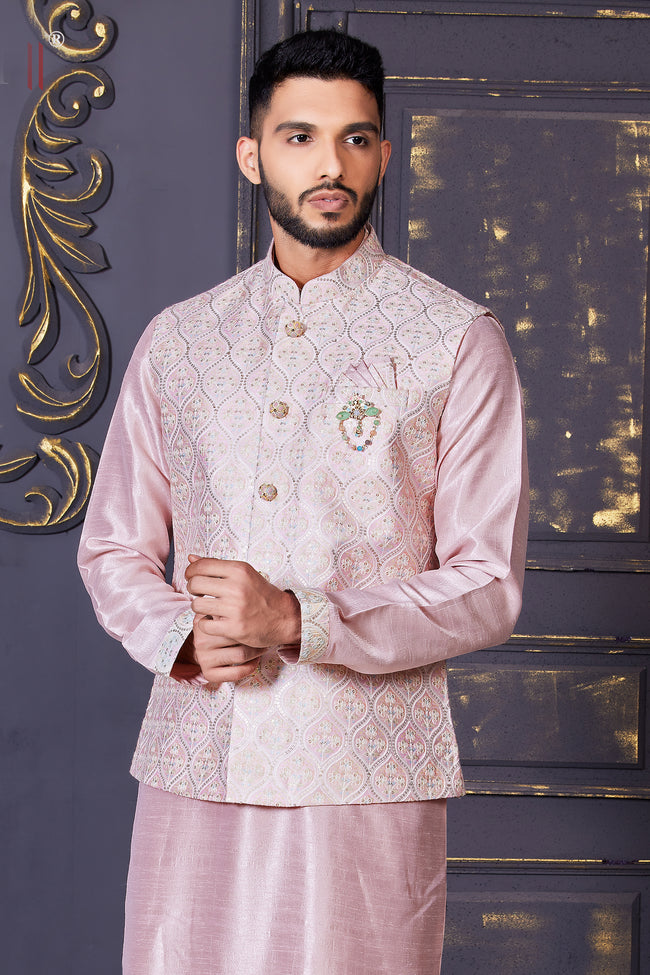 Onion Pink Jacket Kurta Set In Art Silk With Resham And Thread Embroidery For Men