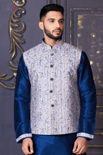 Dark Blue Bandi Jacket Set In Silk With Gold & White Cross Stitch Embroidery For Men