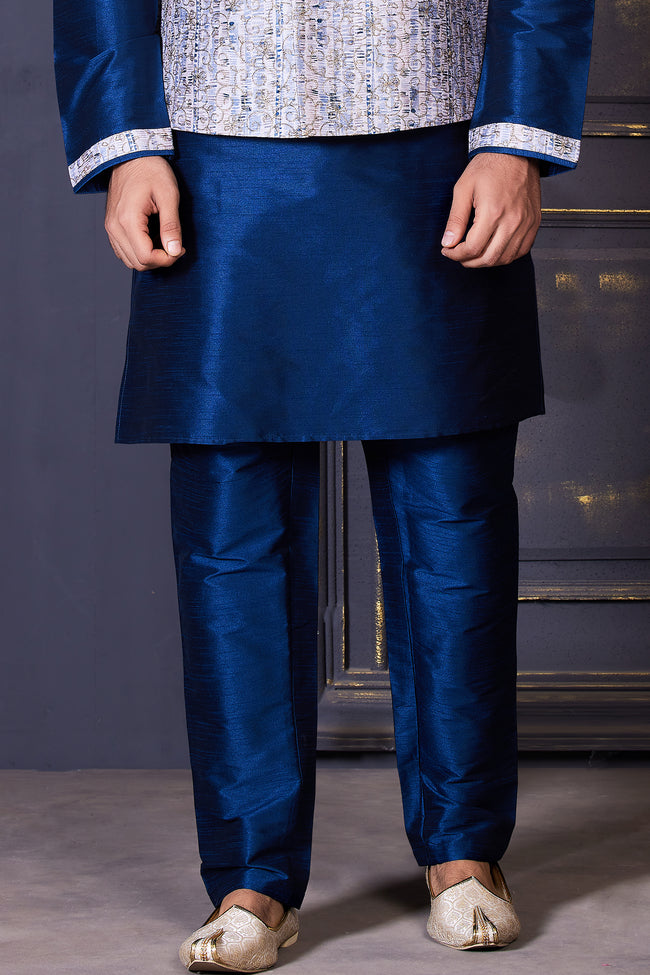 Dark Blue Bandi Jacket Set In Silk With Gold & White Cross Stitch Embroidery For Men