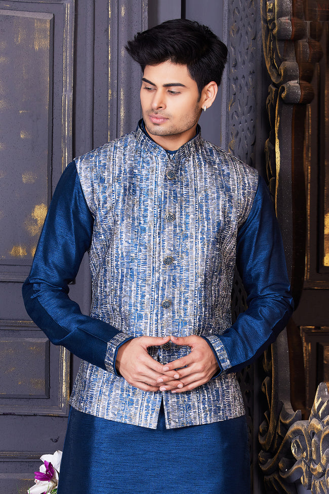 Royal Blue Embroidered Bandi Jacket Set In Silk For Men