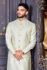 Beige White Festive Textured Bandi Jacket Set In Art Silk With Thread Embroidery For Men