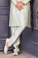Beige White Festive Textured Bandi Jacket Set In Art Silk With Thread Embroidery For Men