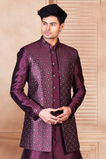 Wine Maroon Nehru Jacket And Kurta Set In Linen Silk With Resham Embroidered For Men