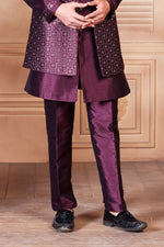 Wine Maroon Nehru Jacket And Kurta Set In Linen Silk With Resham Embroidered For Men