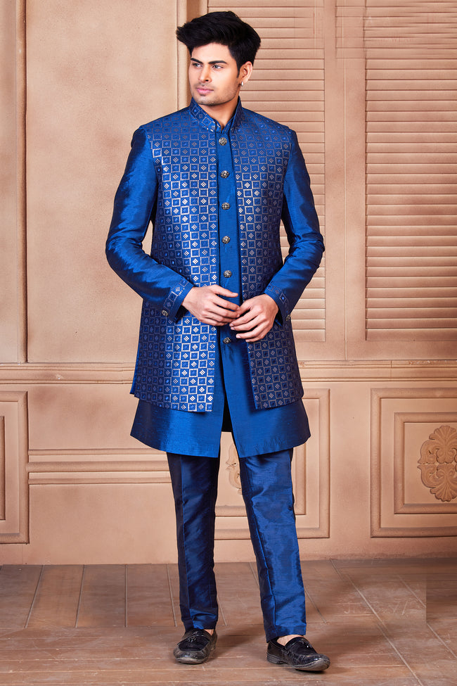 Royal Blue Nehru Jacket And Kurta Set In Linen Silk With Resham Embroidered For Men