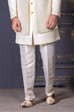 Beige Jacket Kurta Set With Mirror And Thread Work In Nysa Silk For Men