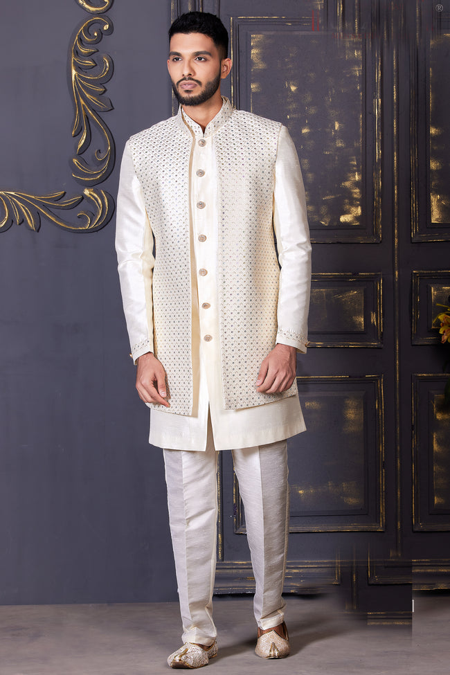 Beige Jacket Kurta Set With Mirror And Thread Work In Nysa Silk For Men