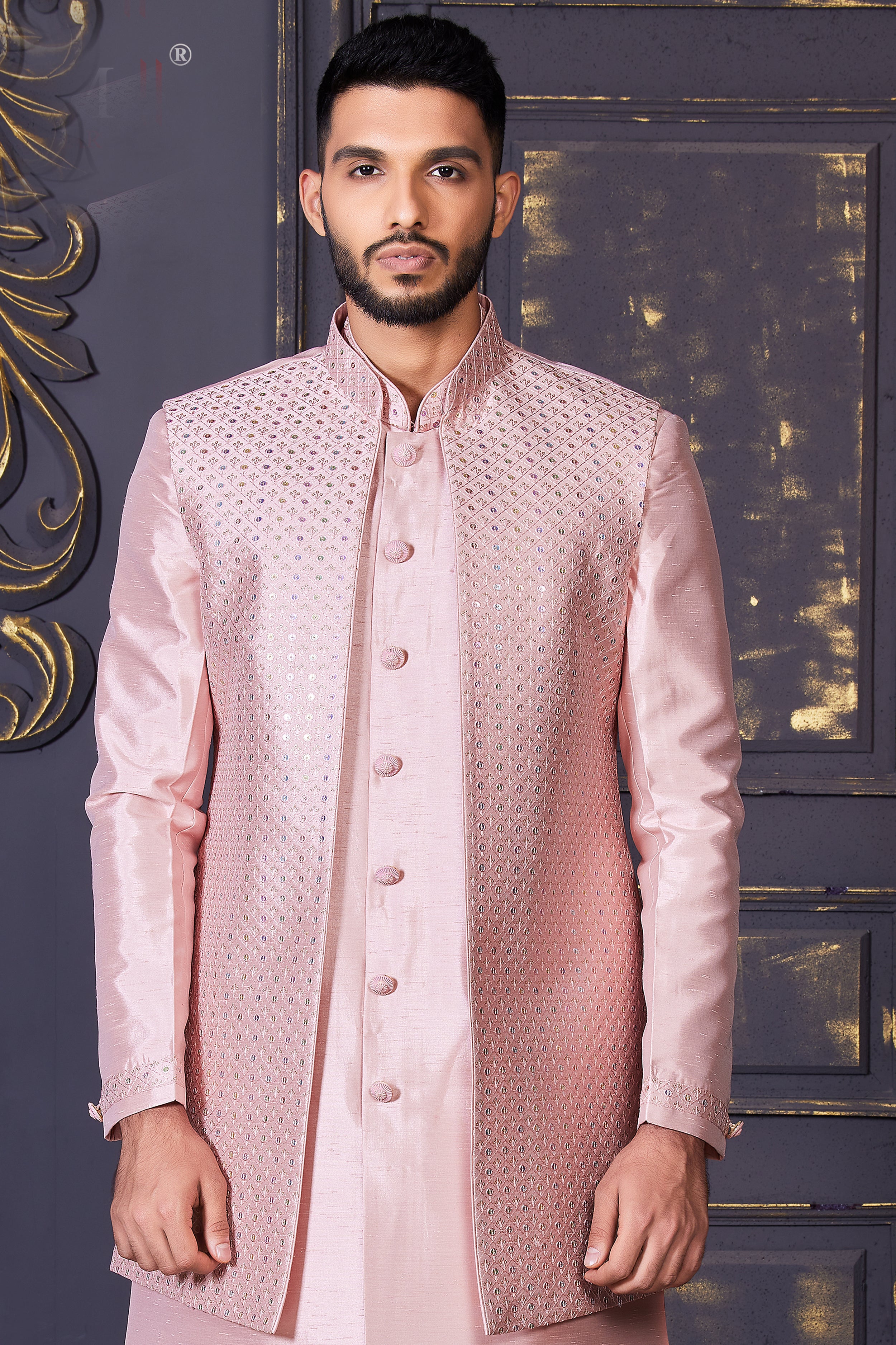 Buy Pastel Pink Embroidered Jacket Kurta Set In Silk KALKI Fashion India
