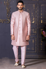 Pastel Pink Jacket Kurta Set With Mirror And Thread Work In Nysa Silk For Men