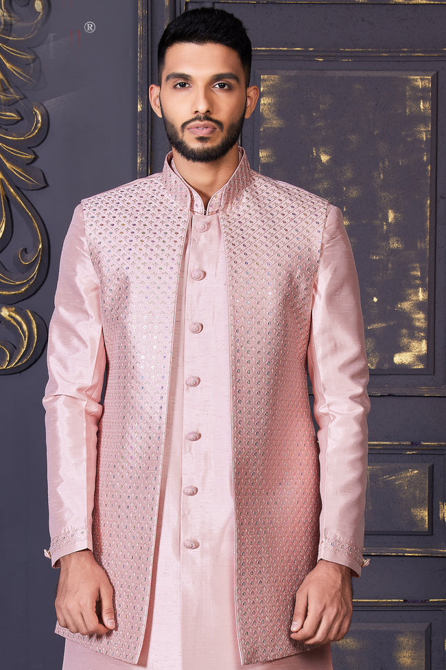 Pastel Pink Jacket Kurta Set With Mirror And Thread Work In Nysa Silk For Men