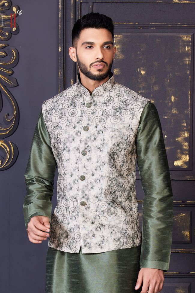 Mehendi Green Festive Textured Bandi Jacket Set In Silk With Sequins Embroidery For Men