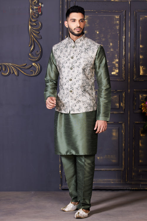 Mehendi Green Festive Textured Bandi Jacket Set In Silk With Sequins Embroidery For Men