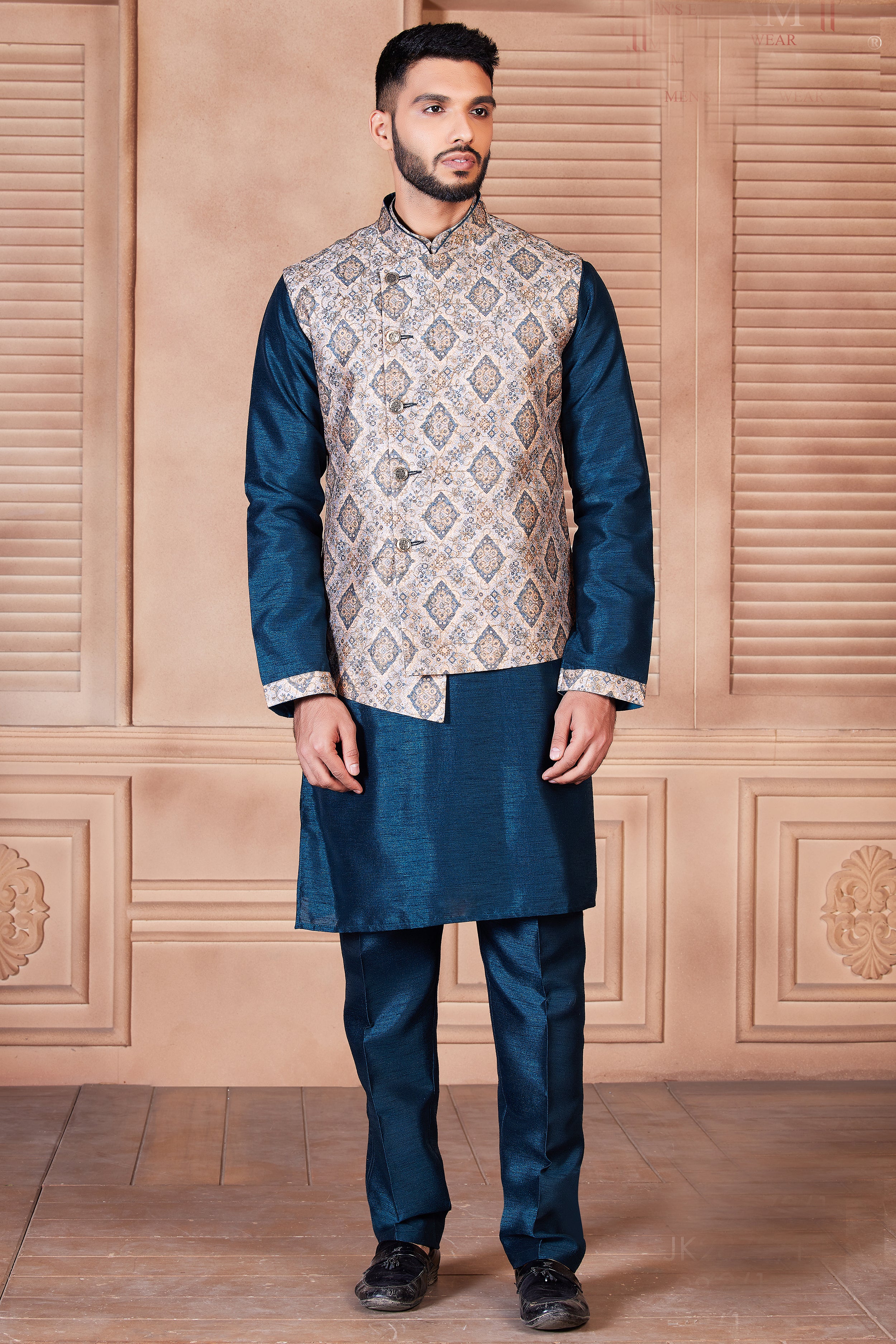 KRAFT INDIA Mens Silk Navy Blue Kurta Churidar & Embroided Nehru Jacket Set  color Cream Size Small : Amazon.in: Fashion