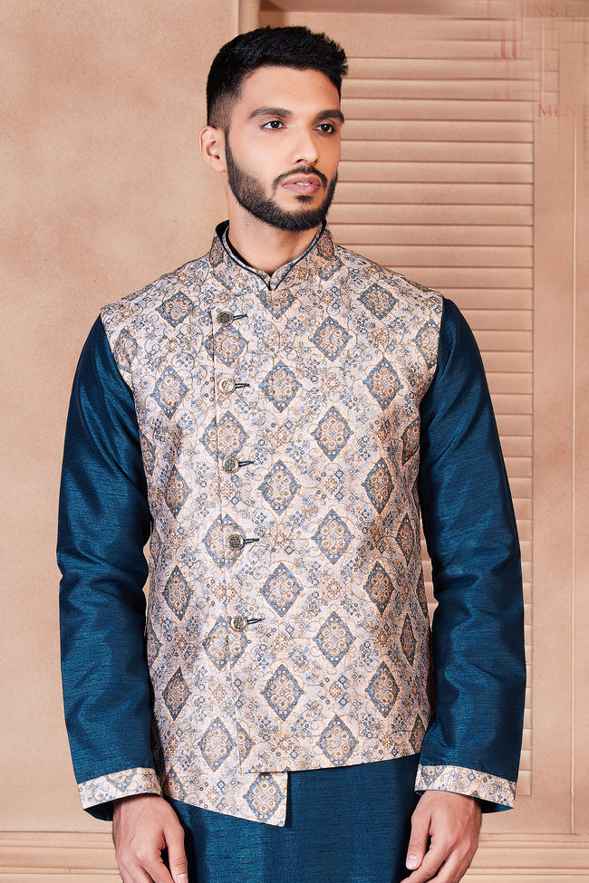 Persian Blue Embroidered Jacket Kurta Set In Silk For Men