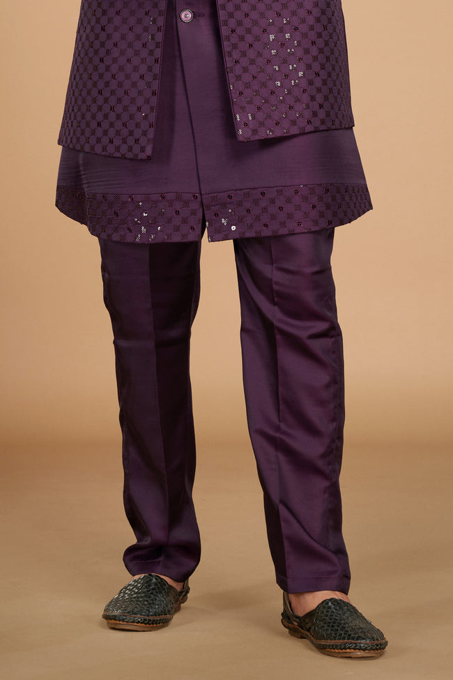 Purple Art Silk Sequins Embroidered Men's Nehru Jacket Set For Men