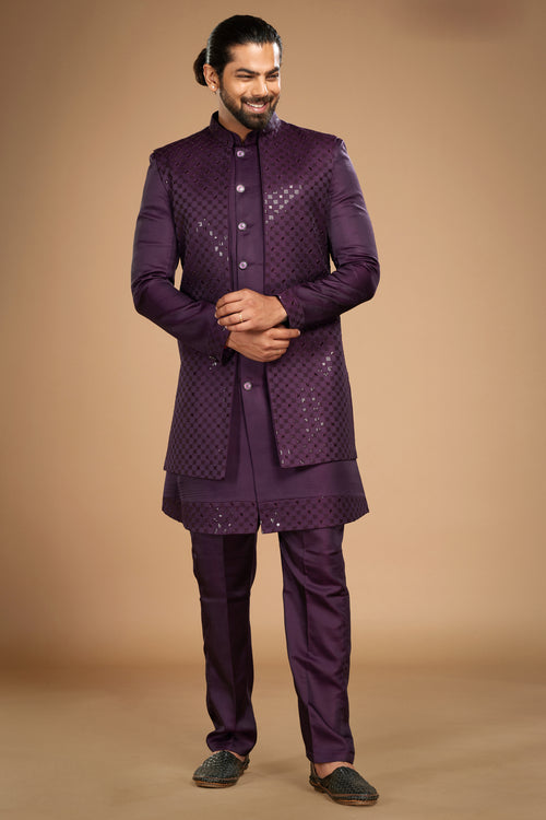 Purple Art Silk Sequins Embroidered Men's Nehru Jacket Set For Men