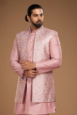 Pink Readymade Embroidered Nehru Jacket For Mens