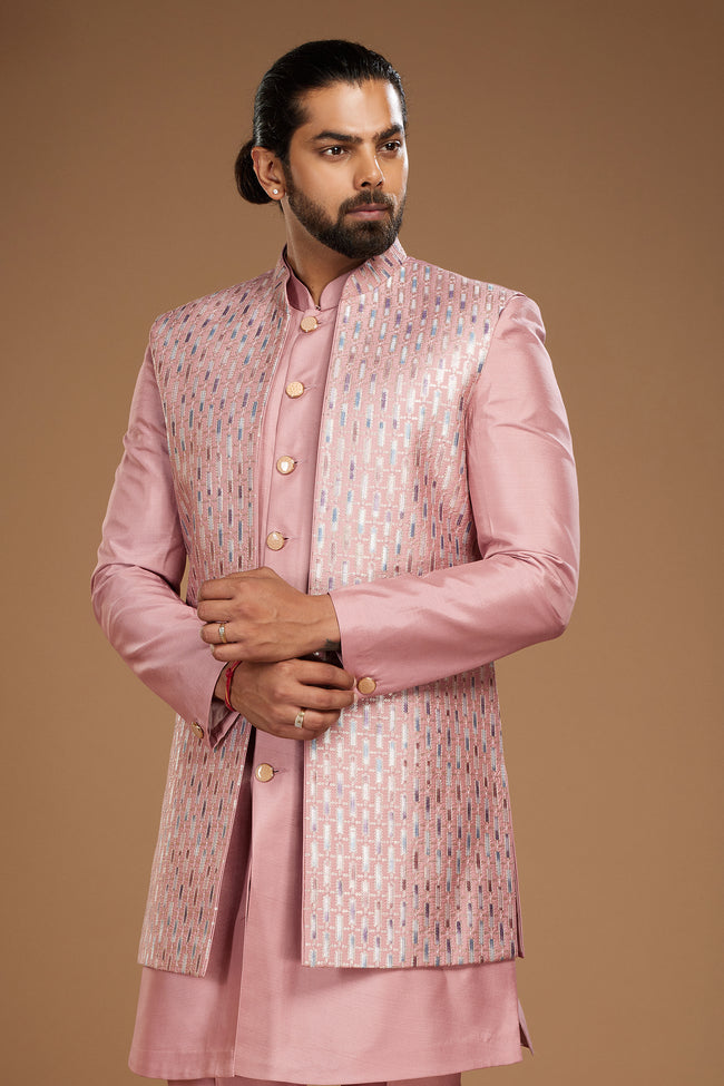 Pink Readymade Embroidered Nehru Jacket For Mens