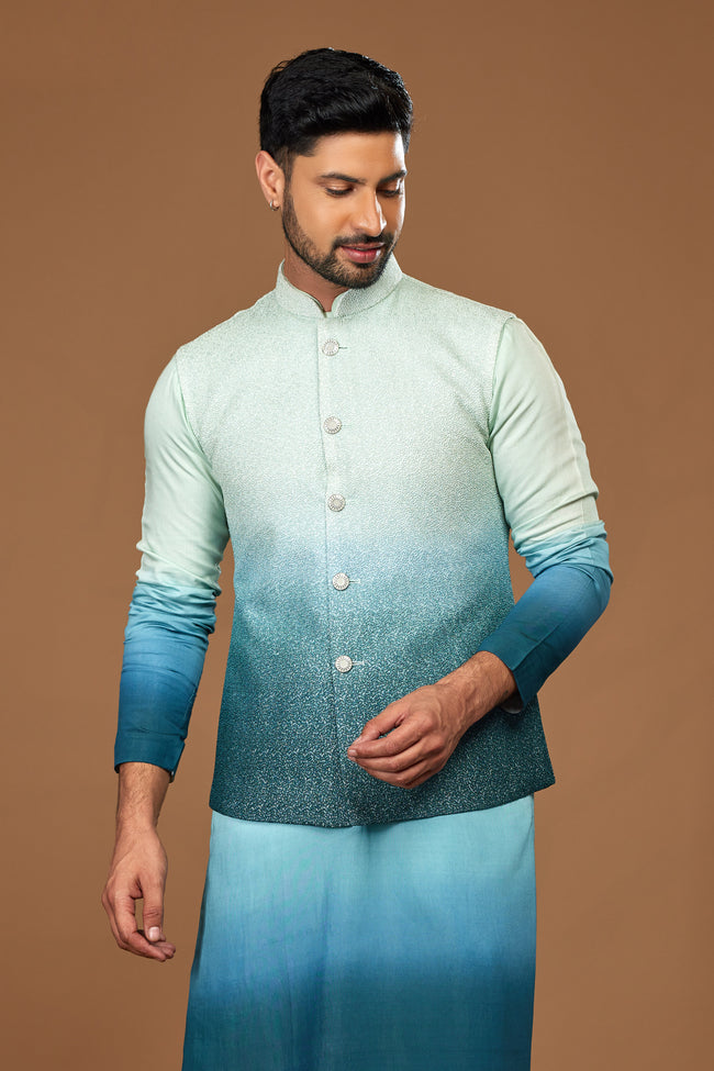 Teal Blue Designer Nehru Jacket Set For Men