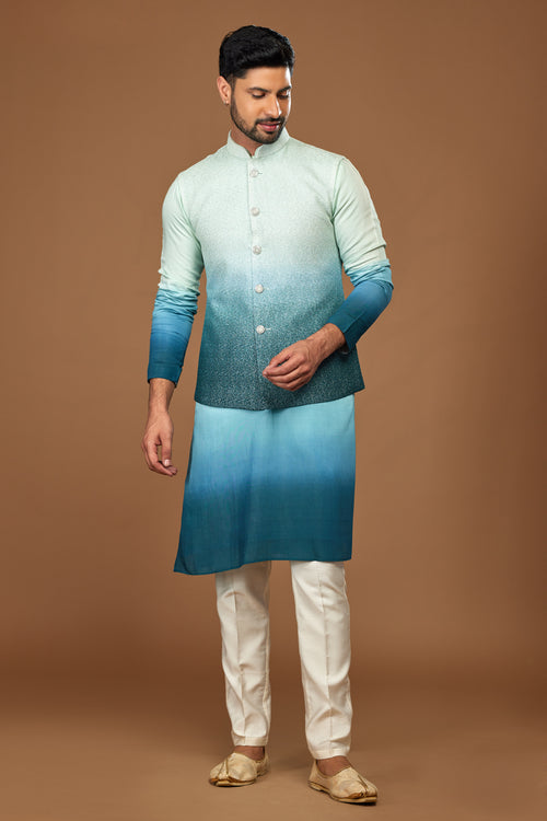 Teal Blue Designer Nehru Jacket Set For Men