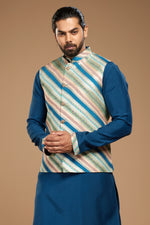 Teal Blue Color Designer Mens Wear Nehru Jacket For Men