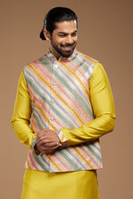 Gold Yellow Color Silk Wedding Wear Nehru Jacket Set For Men