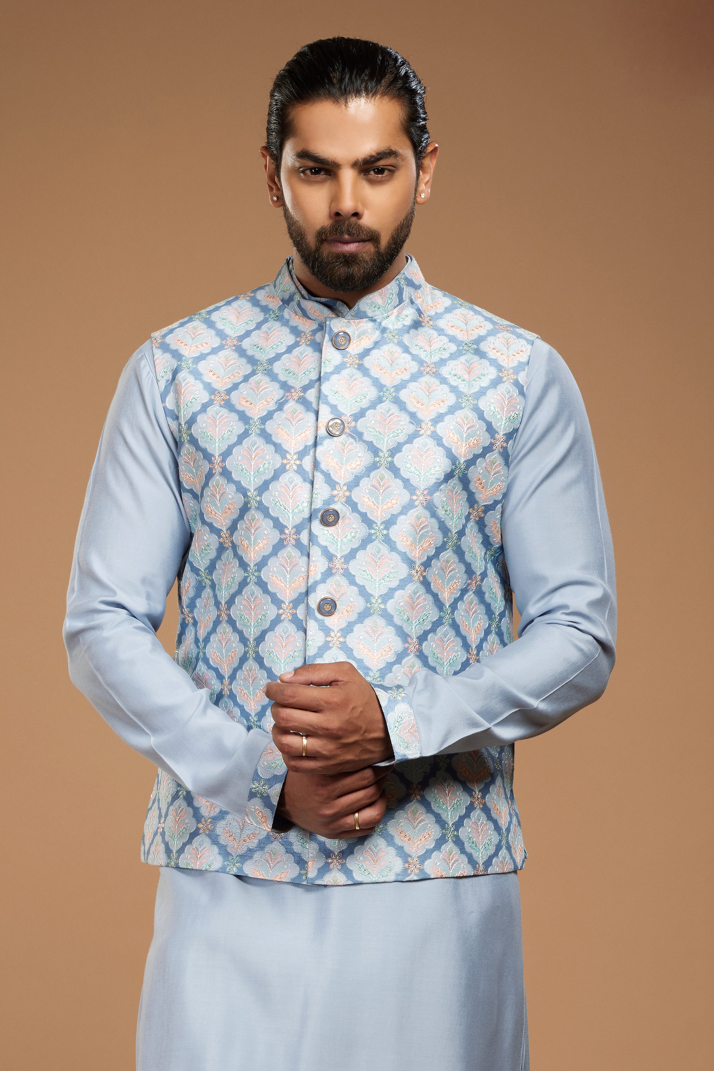 Blue Viscose Silk Nehru Jacket Set Design by AJAY KMR at Pernia's Pop Up  Shop 2024