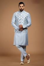 Sky Blue Stylish Silk Nehru Jacket Set For Men