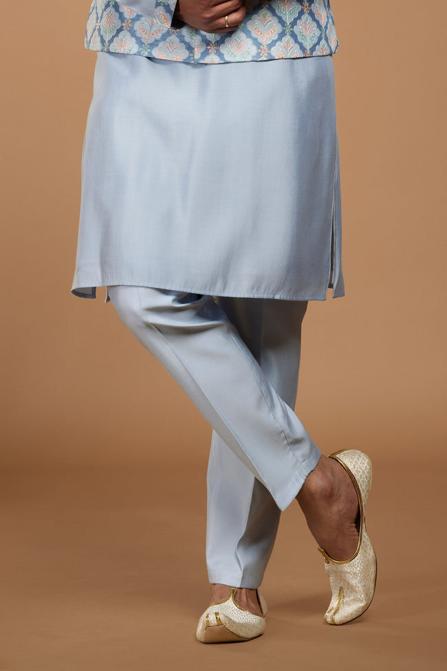 Sky Blue Stylish Silk Nehru Jacket Set For Men
