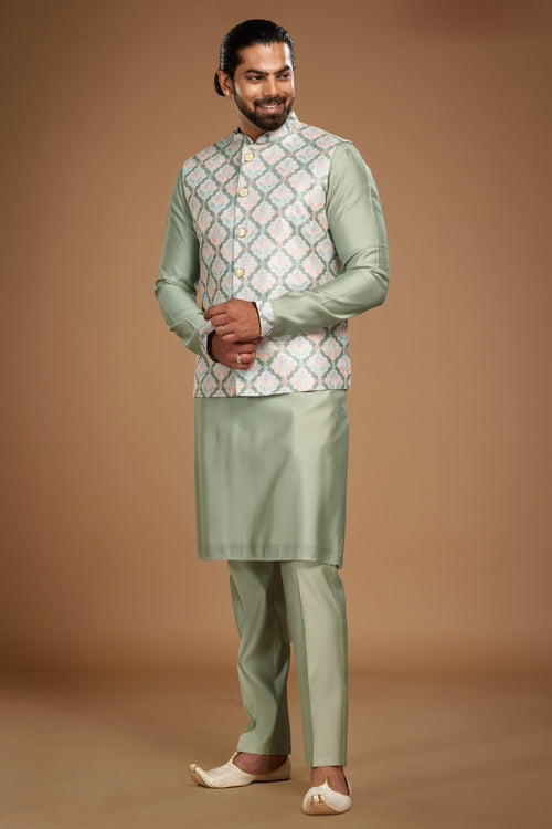 Pista Green Thread Embroidered Nehru Jacket Set For Men