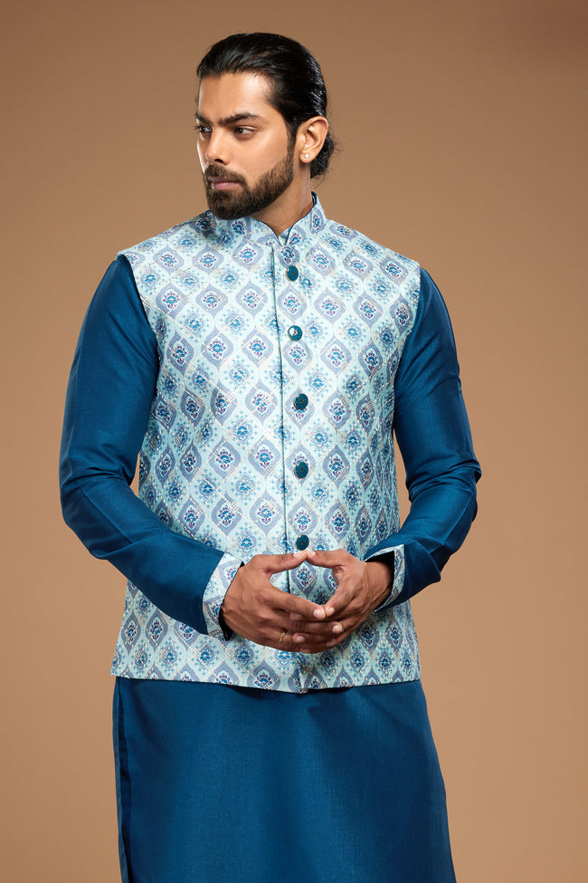 Rama Blue Stylish Embroidered Nehru Jacket Set For Men