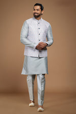 Light Grey Readymade Art Silk Fabric Nehru Jacket For Mens