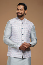 Light Grey Readymade Art Silk Fabric Nehru Jacket For Mens