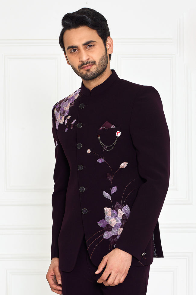 Wine Color Wedding Wear Designer Jodhpuri Suit For Mens