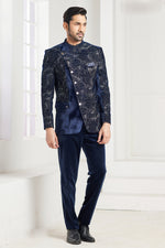 Blue Color Jacquard Silk Jodhpuri Mens Suit
